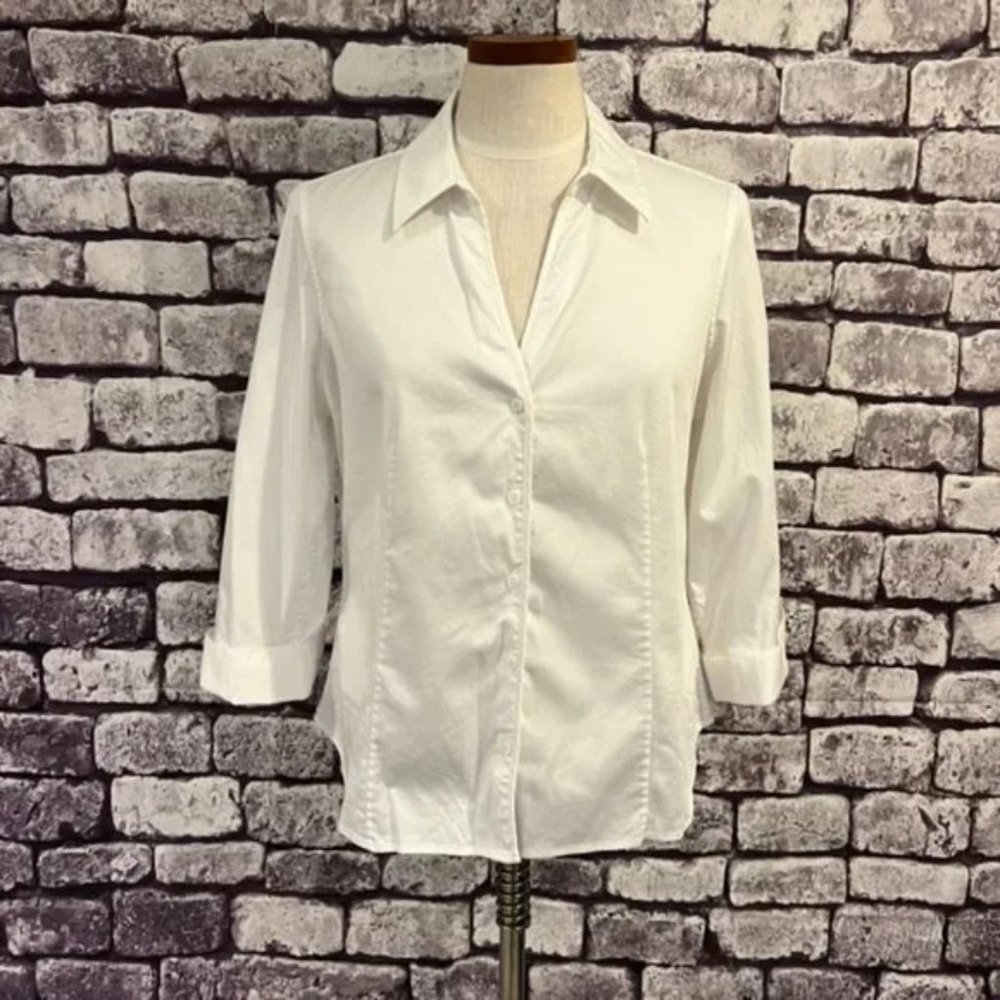 Talbots White V-Neck Button Down Blouse Size 4P